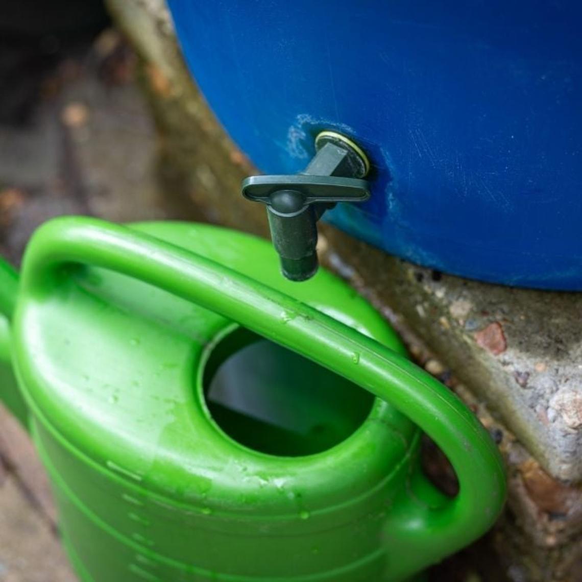 Close up of a green plastic watering can placed under the tap of a blue water butt