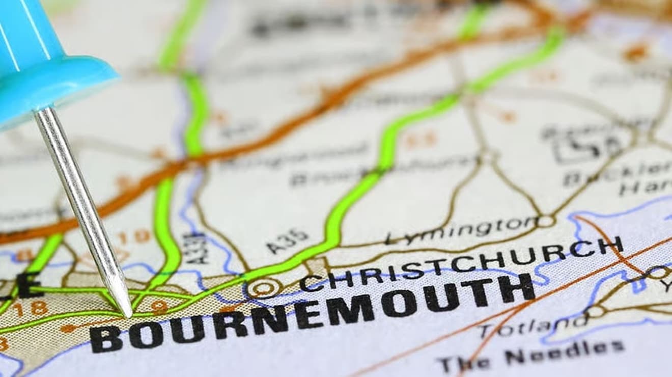 Map of Bournemouth with a pin in it