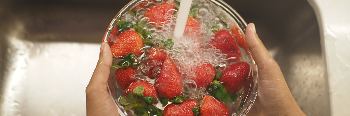 Washing strawberries in a bowl