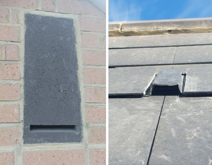two images next to each other showing bat tiles in the roof and an entrance slot into a bat box