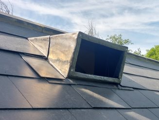 Vent in the roof of the pumping station building where bats enter to roost